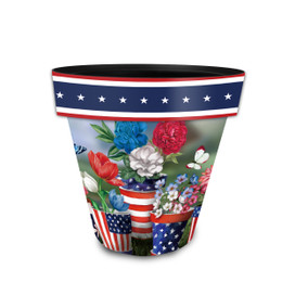American Bloom Small Planter with patriotic floral design and stars on a white background.