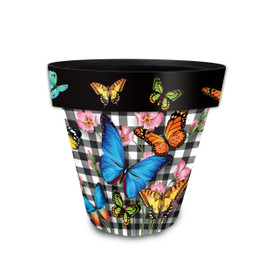 Small black and white checkered planter with colorful butterflies and pink flowers, Checkered Butterflies Small Planter.