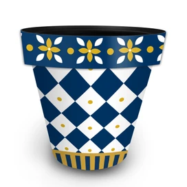 Large blue and gold planter with white accents and argyle pattern on a white background.