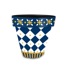 Blue and Gold Small Planter with white and yellow floral pattern on blue and white checkered background.