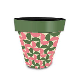 Pink and green modern planter with leaf pattern, green rim, and pink accents on white background.