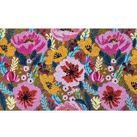 Vibrant Blooms Natural Fiber Coir Doormat, 18x30, colorful floral pattern with pink, red, yellow flowers.