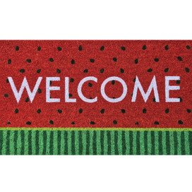 Red and green coir doormat with welcome text and watermelon design, 18 x 30 inches.