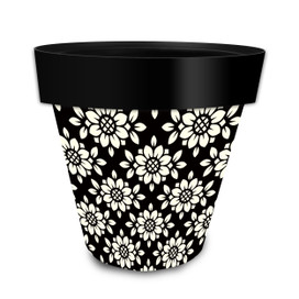 Black plastic Geometric Floral Medium Planter with white flowers and glossy rim, plain interior.