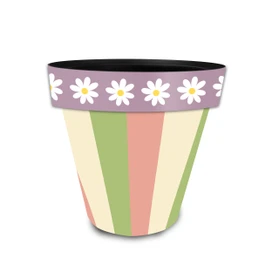 Spring Stripes Planter with purple band, white daisies, and green, pink, and cream stripes.