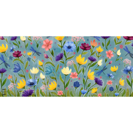 Wildflower Field Mini Mat with colorful floral pattern on blue background, featuring purple, yellow, pink flowers.