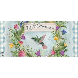 Hummingbird Wreath Mini Mat with colorful flowers and Welcome sign on blue background.