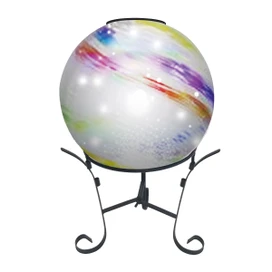 Colorful Swirl Solar LED Glass Gazing Ball on black metal stand with rainbow swirls and white lights.