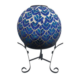 Blue and white scalloped solar LED mosaic gazing ball on a black metal stand with curled legs.