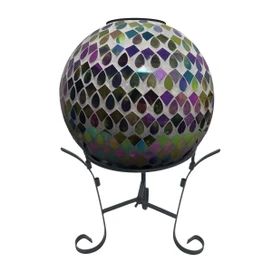 Organic purple and green solar LED glass gazing ball on a black metal stand with colorful mosaic.