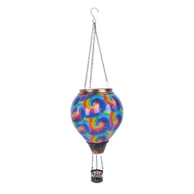 Solar powered Tie Dye Swirl Balloon Lantern with silver chains and hook, multicolor swirl design.