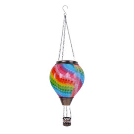Colorful Patchwork Solar Balloon Lantern with vibrant tie-dye pattern hanging from metal chains and hook.