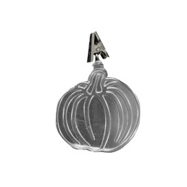 Metal Pumpkin Garden Flag Weight, silver pumpkin shaped decoration with hanging metal loop on top.