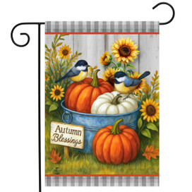 Autumn Blessings Bushel Garden Flag with pumpkins, sunflowers, and birds on a decorative metal tub.