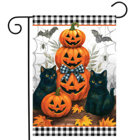 Black Cat Pumpkin Stack Garden Flag with orange pumpkins and black cats on a white background.