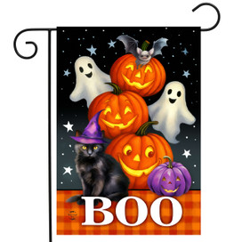 Boo Garden Flag with black cat, pumpkins, ghosts, and bat on orange plaid background.