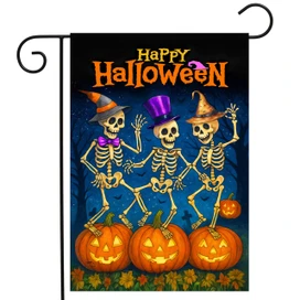 Skeleton Dance Party Garden Flag with dancing skeletons and jack-o-lanterns on a blue background.