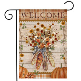 Autumn Corn Garden Flag with welcome message, fall flowers, corn, pumpkins, and plaid ribbon design.