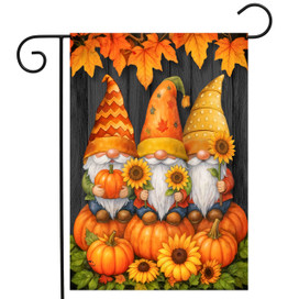 Happy Harvest Gnomes Garden Flag with fall gnomes, pumpkins, sunflowers, and orange leaves design.