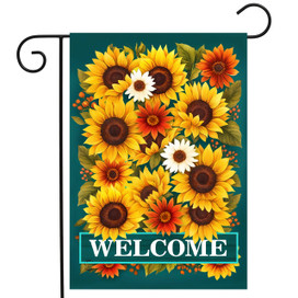 Fall Welcome Sunflowers Garden Flag with yellow, orange, and white flowers on green background.