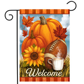 Fall Football Welcome Garden Flag with pumpkins, football, sunflower, and coffee cup on orange background.