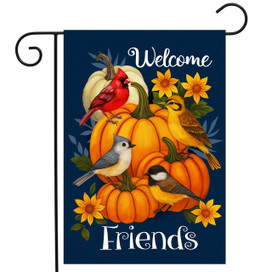 Pumpkin Patch Friends garden flag with birds, pumpkins, and flowers on a navy blue background.
