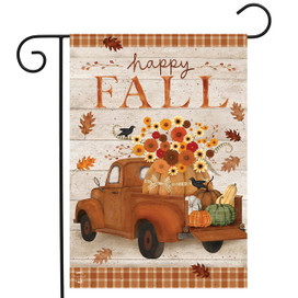 Fall Bounty Truck Garden Flag with happy fall text and autumn leaves design on rustic background.
