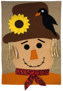 Autumn scarecrow burlap house flag with sunflower and crow design, 28" x 40", by Briarwood Lane