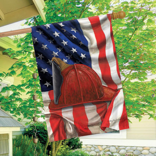 Briarwood Lane Fireman Helmet House Flag with American stars and stripes and thin red line.