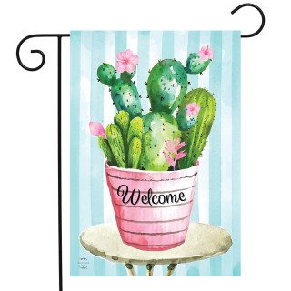Briarwood Lane Cactus Bouquet Spring Garden Flag with colorful cacti in pink pot on stand.