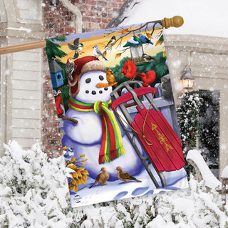 Snowman and Sled Winter House Flag