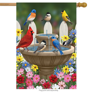 Briarwood Lane Birdbath Gathering Seasonal House Flag with colorful birds and flowers on a decorative banner.