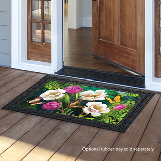 Briarwood Lane colorful spring doormat with butterflies, poppies, and flowers on a decorative printed floormat.
