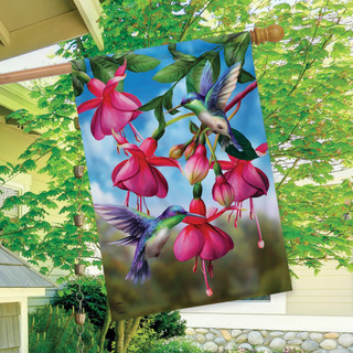 Briarwood Lane spring house flag with colorful hummingbirds and flowers for a cheerful seasonal porch display.