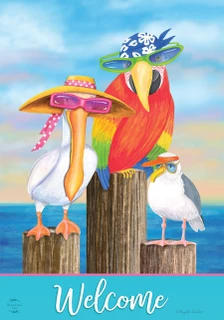 Briarwood Lane Coastal Bird Welcome garden flag with colorful birds by the ocean on sunny summer day.