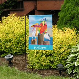 Briarwood Lane Coastal Bird Welcome garden flag with colorful birds, umbrella, and sunny ocean shore design.