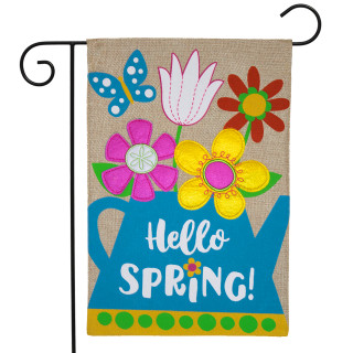 Spring Watering Can Burlap Garden Flag