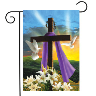 Briarwood Lane Easter Sunrise garden flag with cross, lilies, and doves on colorful spring background.