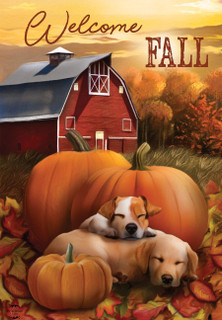 Briarwood Lane Welcome Fall Puppies House Flag with colorful dog, pumpkin, and barn design on fabric.