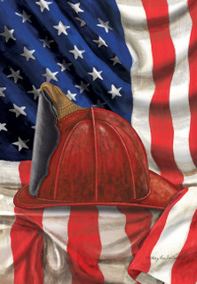 Briarwood Lane Fireman Helmet Garden Flag with red helmet and American flag background, patriotic thin line.