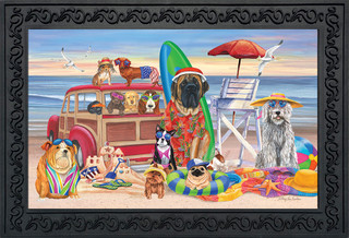 Briarwood Lane's Dog Days of Summer Nautical Doormat with colorful puppy beach scene and surfboard.