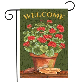 Briarwood Lane small printed garden flag with colorful potted geraniums and welcome sign for spring summer porch.