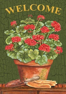 Briarwood Lane's small, colorful potted geraniums garden flag with bright red flowers and green leaves.