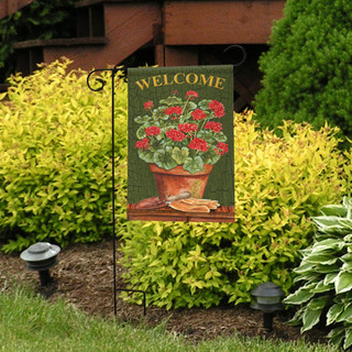 Briarwood Lane small printed garden flag with colorful potted geraniums for spring summer porch display.