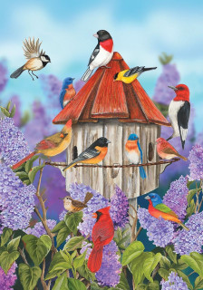 Briarwood Lane Birds and Lilacs Spring Garden Flag with colorful birds and purple lilacs decoration.