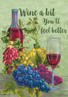 Briarwood Lane Wine a Bit garden flag with colorful grapes and wine glass design.