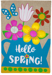 Spring Watering Can Burlap House Flag