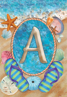 Briarwood Lane Summer Monogram Letter A Garden Flag with coastal starfish and sand design elements.