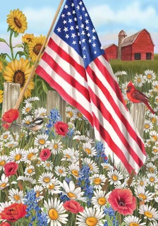 Briarwood Lane America the Beautiful garden flag with stars, stripes, flowers, and barn scene.