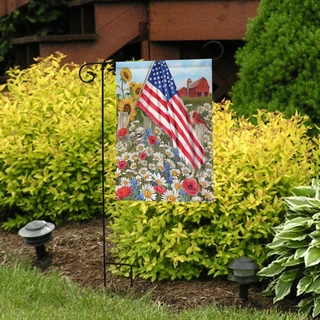 Briarwood Lane America the Beautiful garden flag with American flag and colorful flowers and daisies.